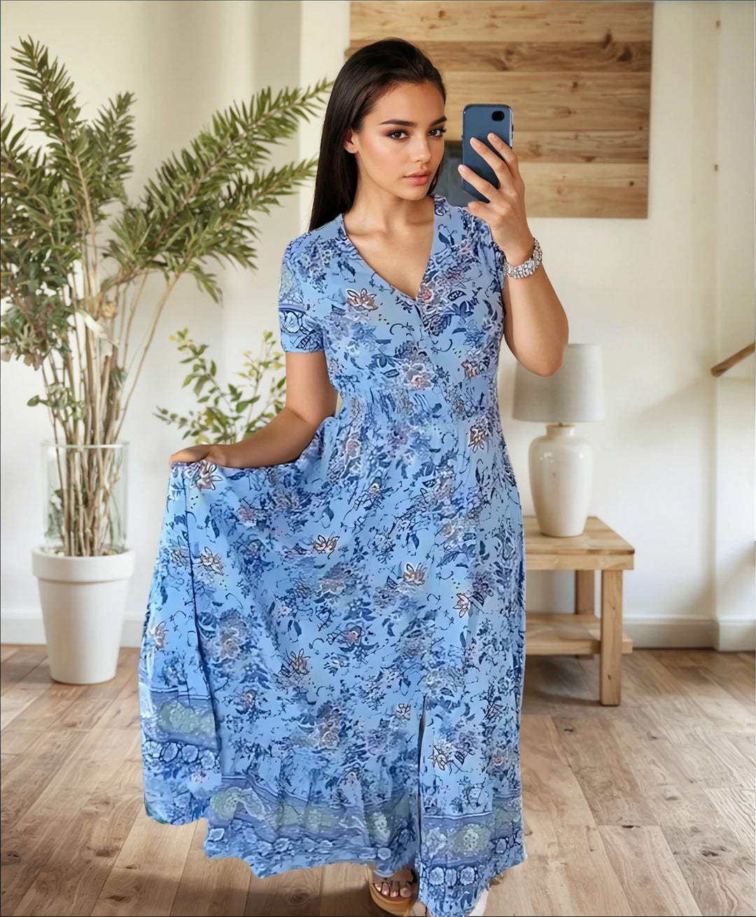 Mina™ | Print Cozy V-neck Long Dress