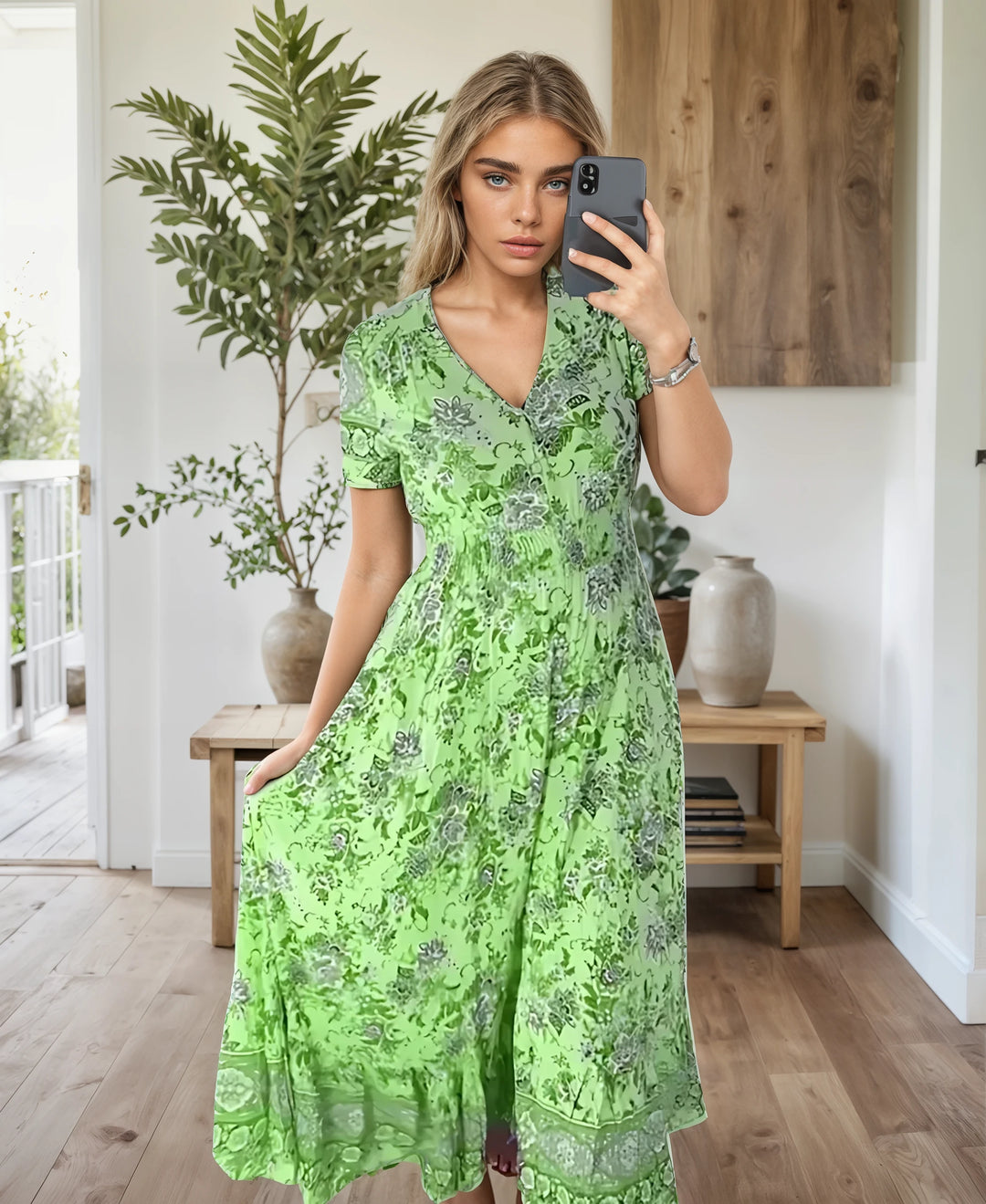 Mina™ | Print Cozy V-neck Long Dress