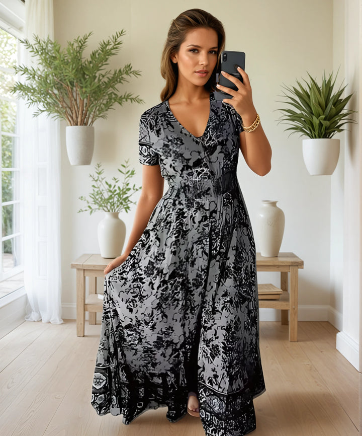 Mina™ | Print Cozy V-neck Long Dress