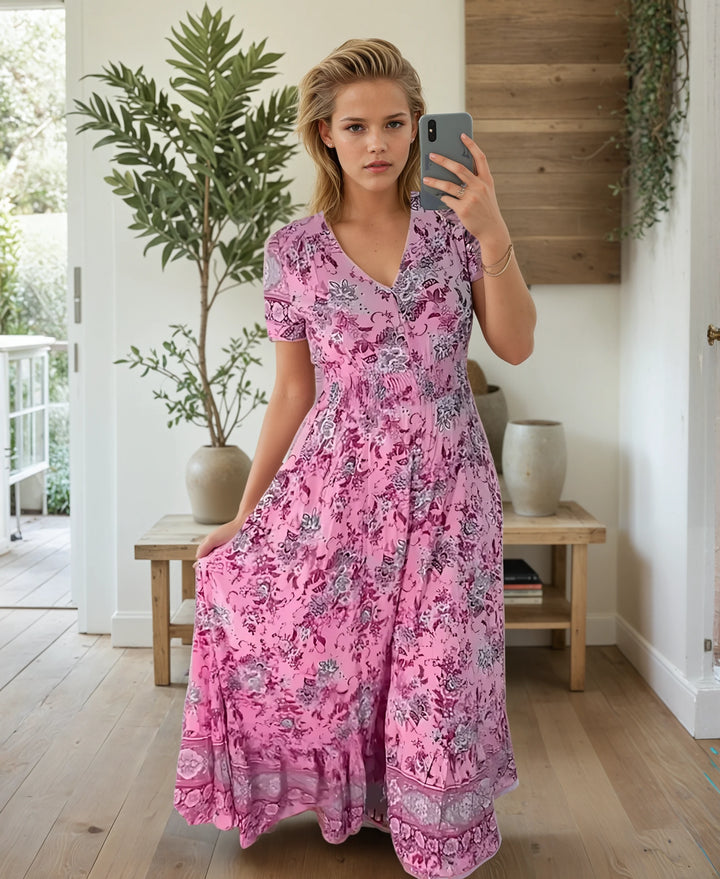 Mina™ | Print Cozy V-neck Long Dress